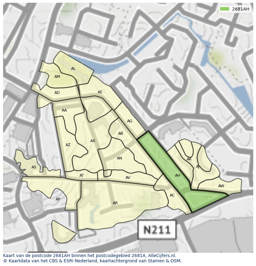 Afbeelding van het postcodegebied 2681 AH op de kaart.