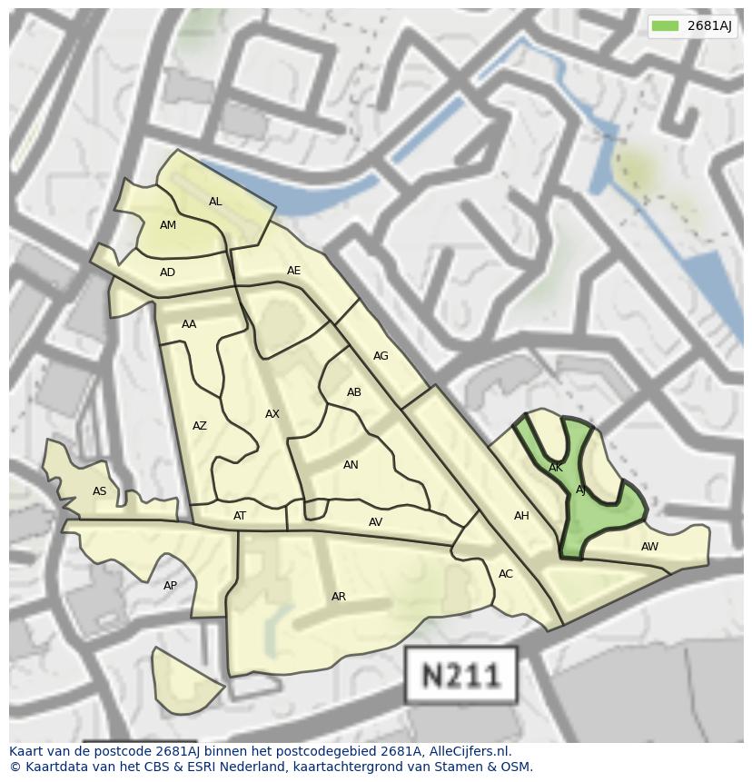 Afbeelding van het postcodegebied 2681 AJ op de kaart.