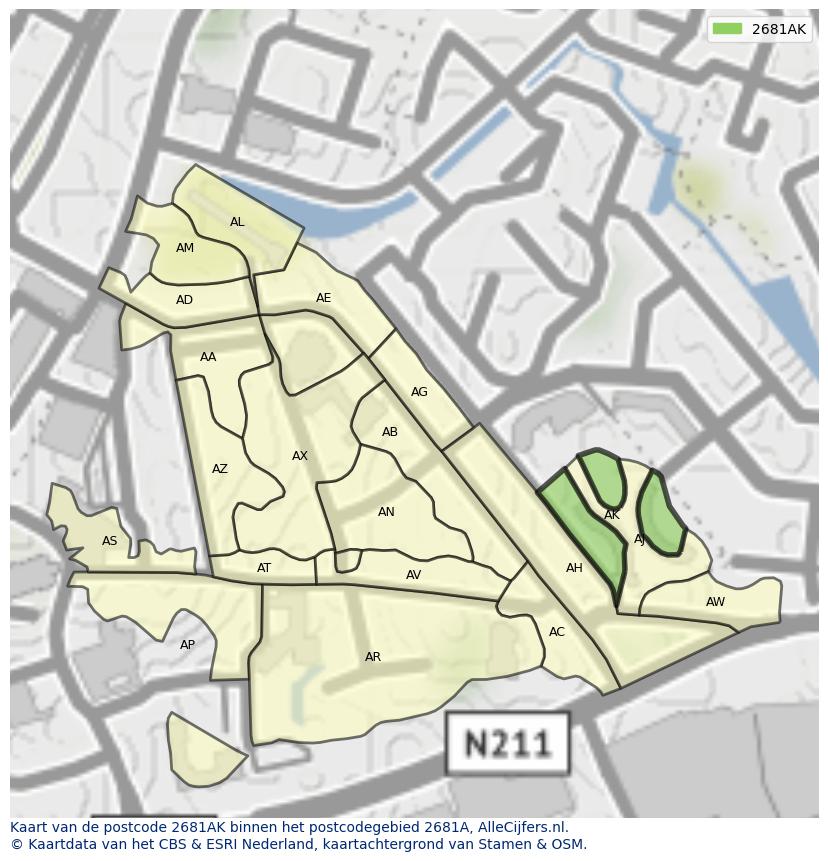 Afbeelding van het postcodegebied 2681 AK op de kaart.