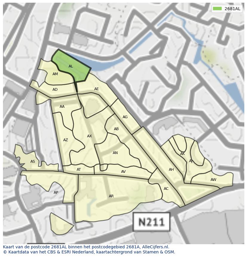 Afbeelding van het postcodegebied 2681 AL op de kaart.