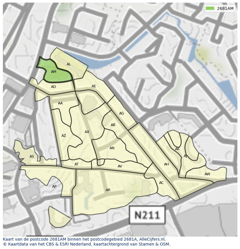 Afbeelding van het postcodegebied 2681 AM op de kaart.