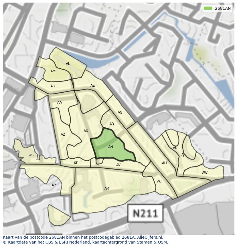 Afbeelding van het postcodegebied 2681 AN op de kaart.