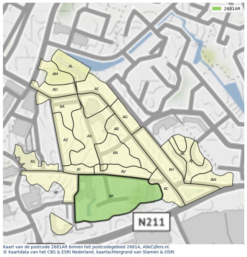 Afbeelding van het postcodegebied 2681 AR op de kaart.