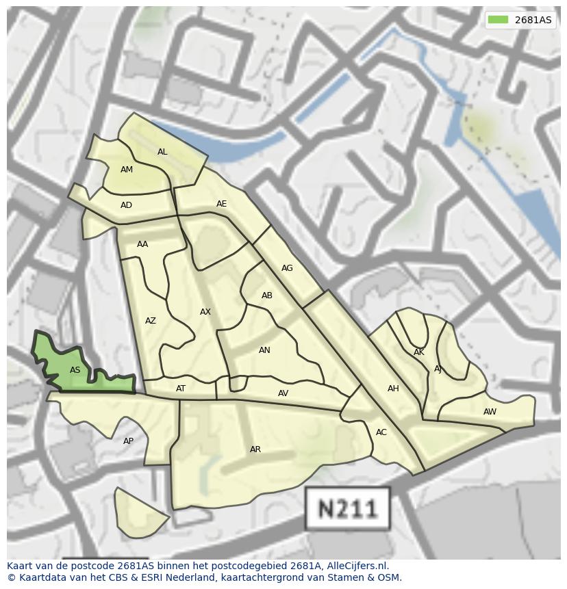 Afbeelding van het postcodegebied 2681 AS op de kaart.