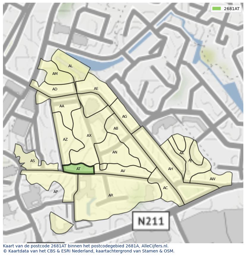Afbeelding van het postcodegebied 2681 AT op de kaart.