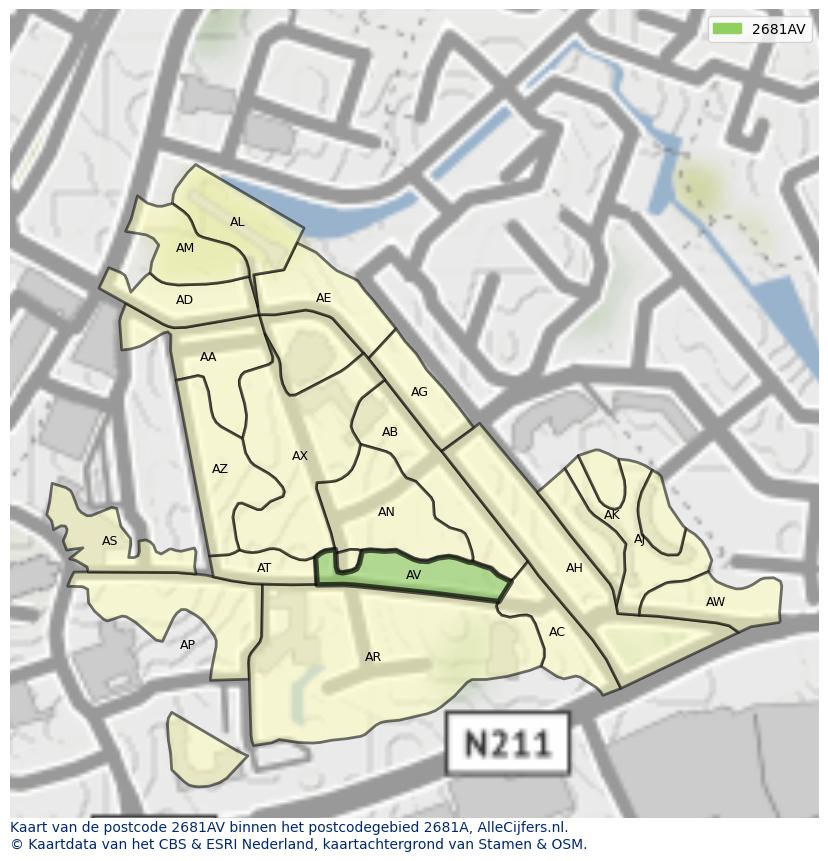 Afbeelding van het postcodegebied 2681 AV op de kaart.