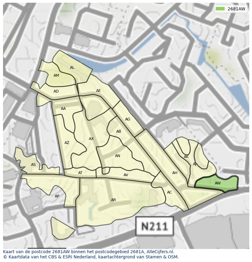 Afbeelding van het postcodegebied 2681 AW op de kaart.