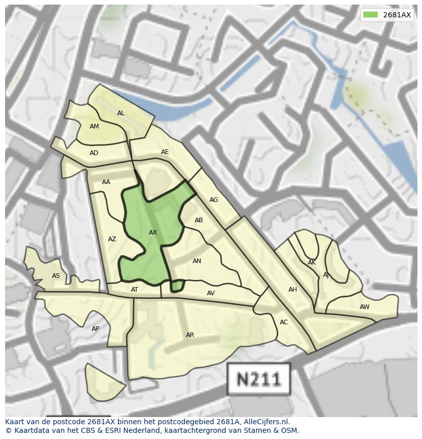 Afbeelding van het postcodegebied 2681 AX op de kaart.