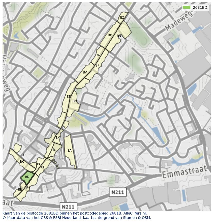 Afbeelding van het postcodegebied 2681 BD op de kaart.