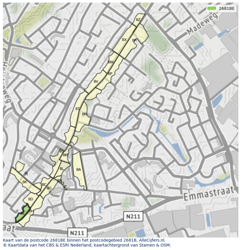 Afbeelding van het postcodegebied 2681 BE op de kaart.