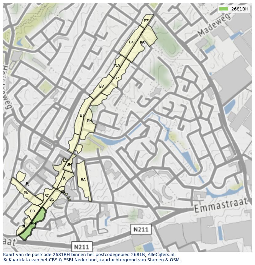 Afbeelding van het postcodegebied 2681 BH op de kaart.