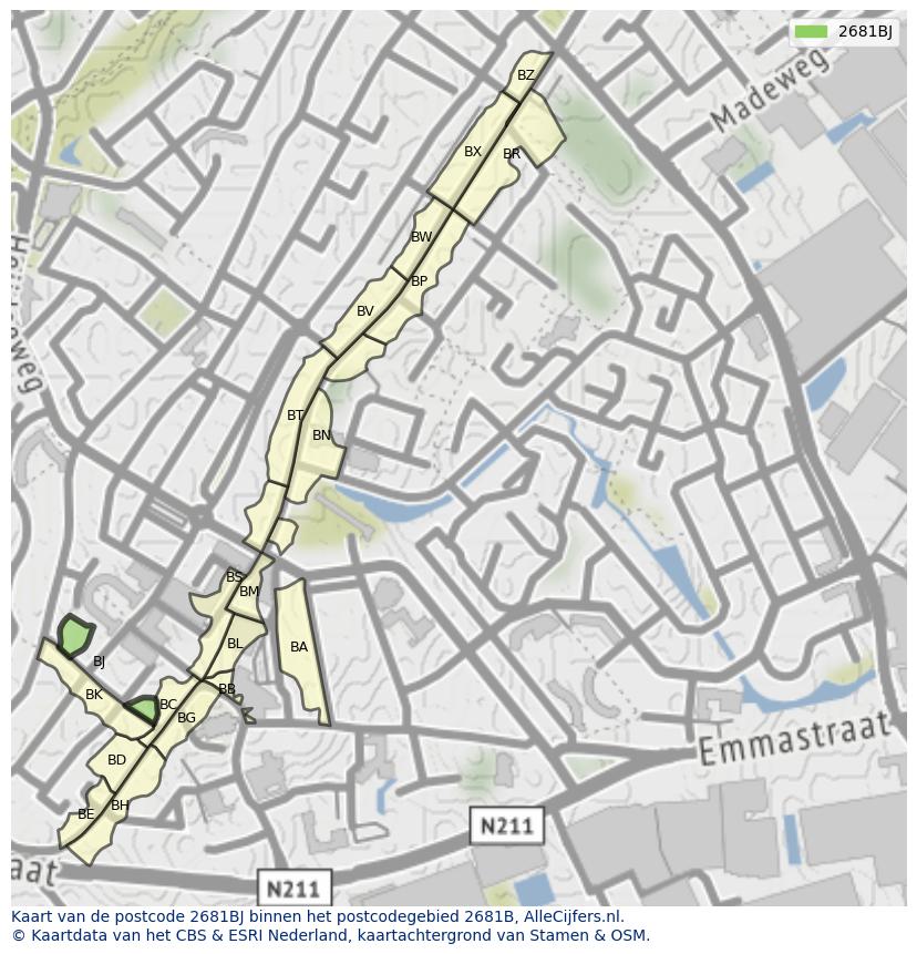 Afbeelding van het postcodegebied 2681 BJ op de kaart.
