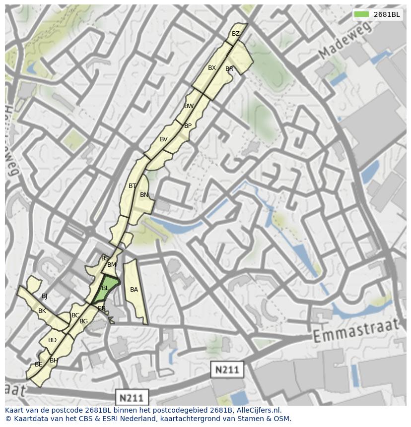 Afbeelding van het postcodegebied 2681 BL op de kaart.