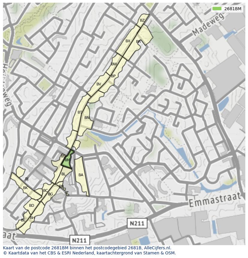 Afbeelding van het postcodegebied 2681 BM op de kaart.