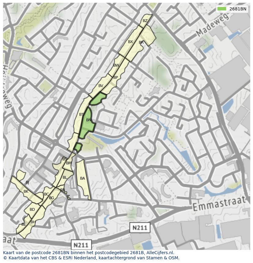 Afbeelding van het postcodegebied 2681 BN op de kaart.