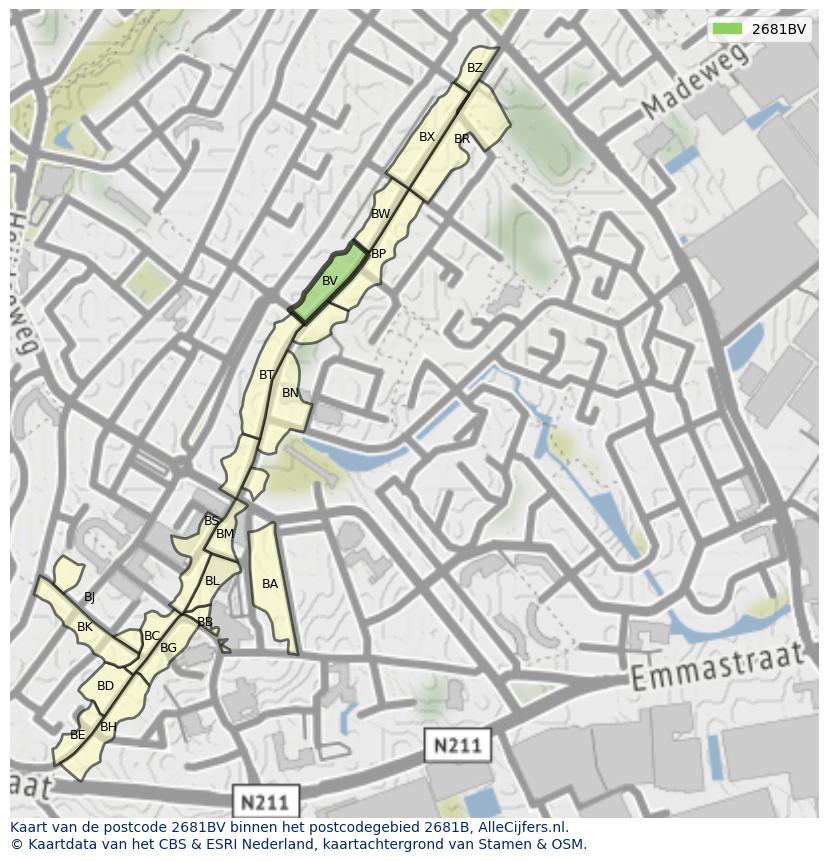 Afbeelding van het postcodegebied 2681 BV op de kaart.