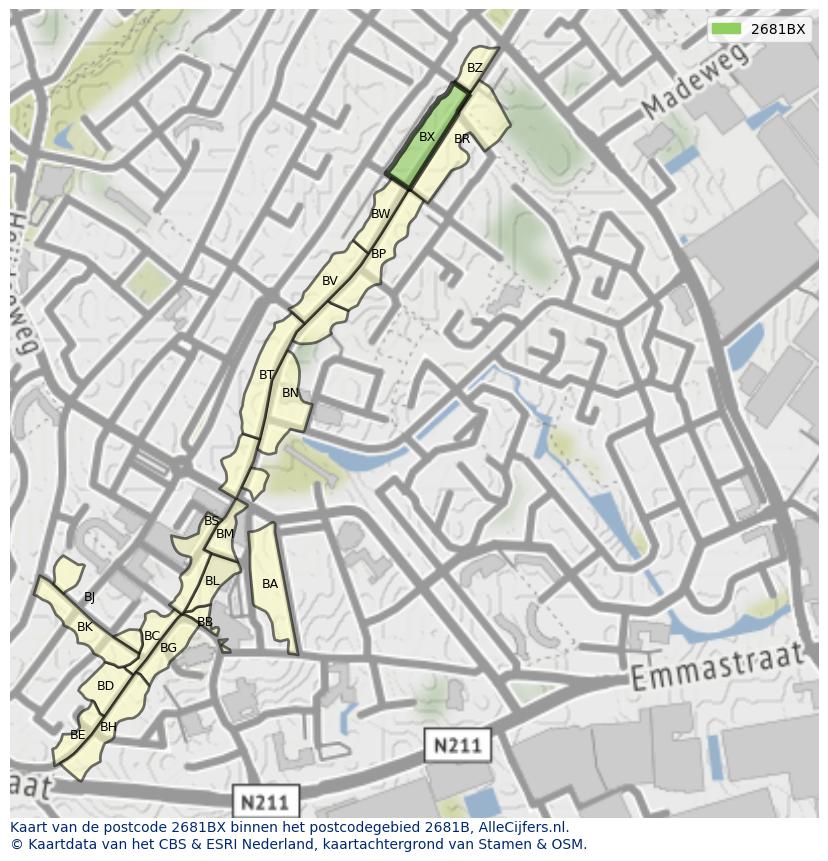 Afbeelding van het postcodegebied 2681 BX op de kaart.