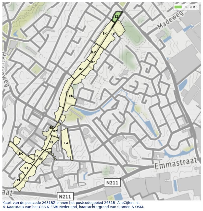 Afbeelding van het postcodegebied 2681 BZ op de kaart.