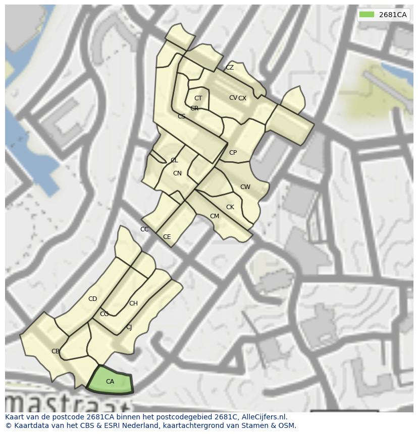 Afbeelding van het postcodegebied 2681 CA op de kaart.