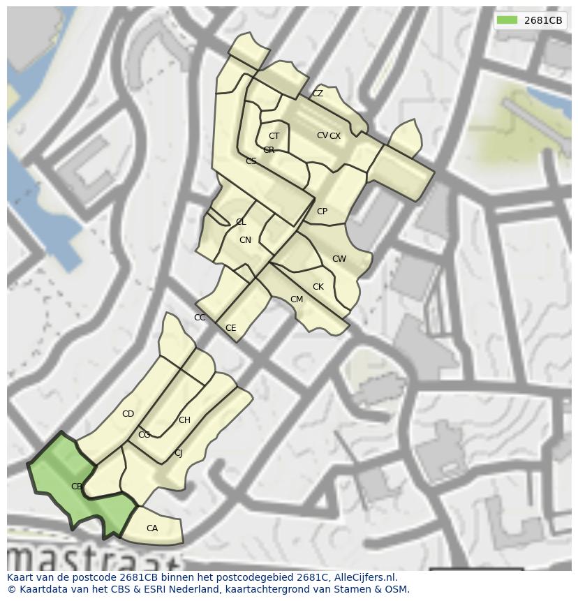 Afbeelding van het postcodegebied 2681 CB op de kaart.