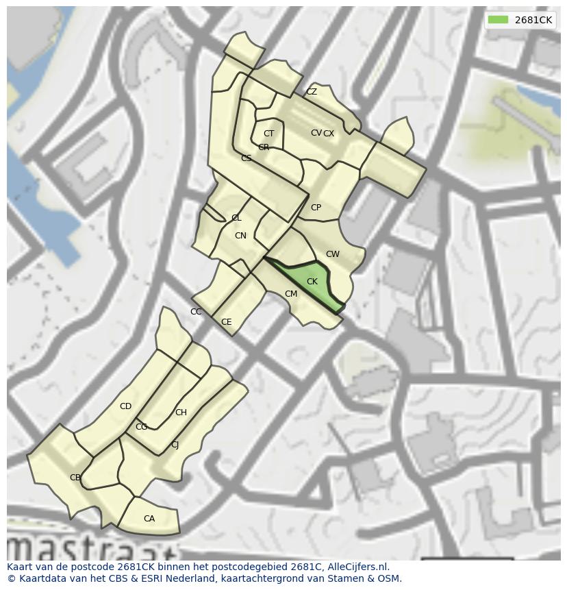 Afbeelding van het postcodegebied 2681 CK op de kaart.