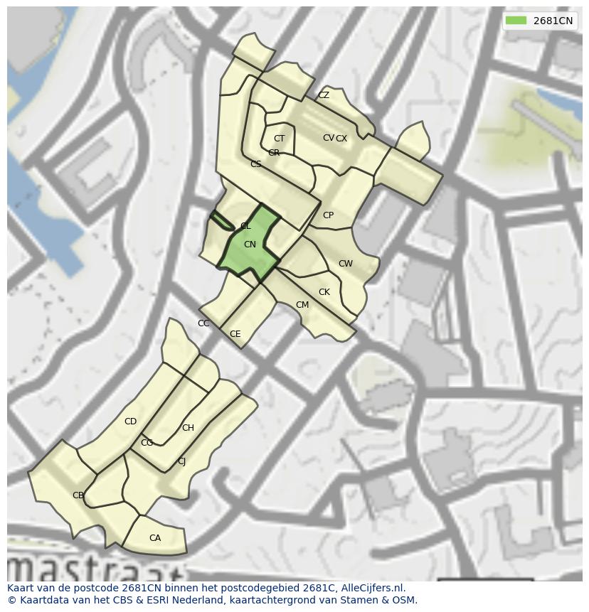 Afbeelding van het postcodegebied 2681 CN op de kaart.