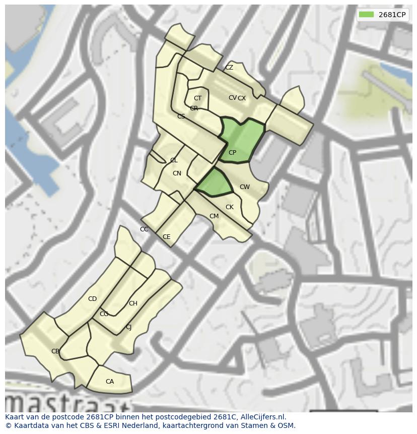 Afbeelding van het postcodegebied 2681 CP op de kaart.