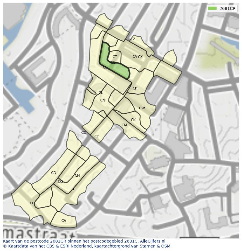 Afbeelding van het postcodegebied 2681 CR op de kaart.