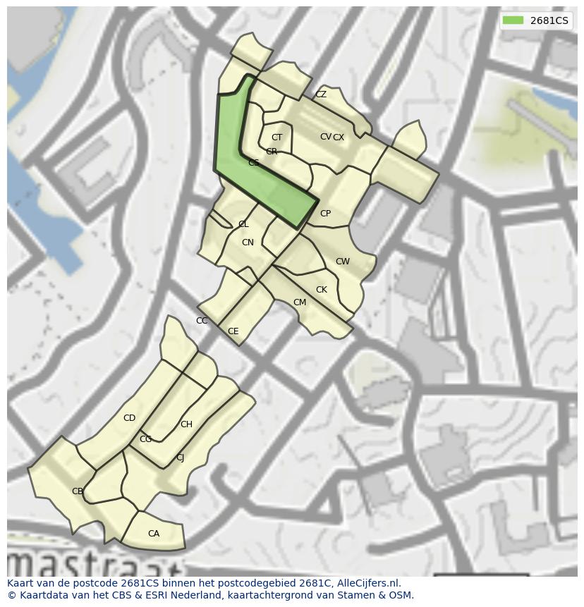 Afbeelding van het postcodegebied 2681 CS op de kaart.