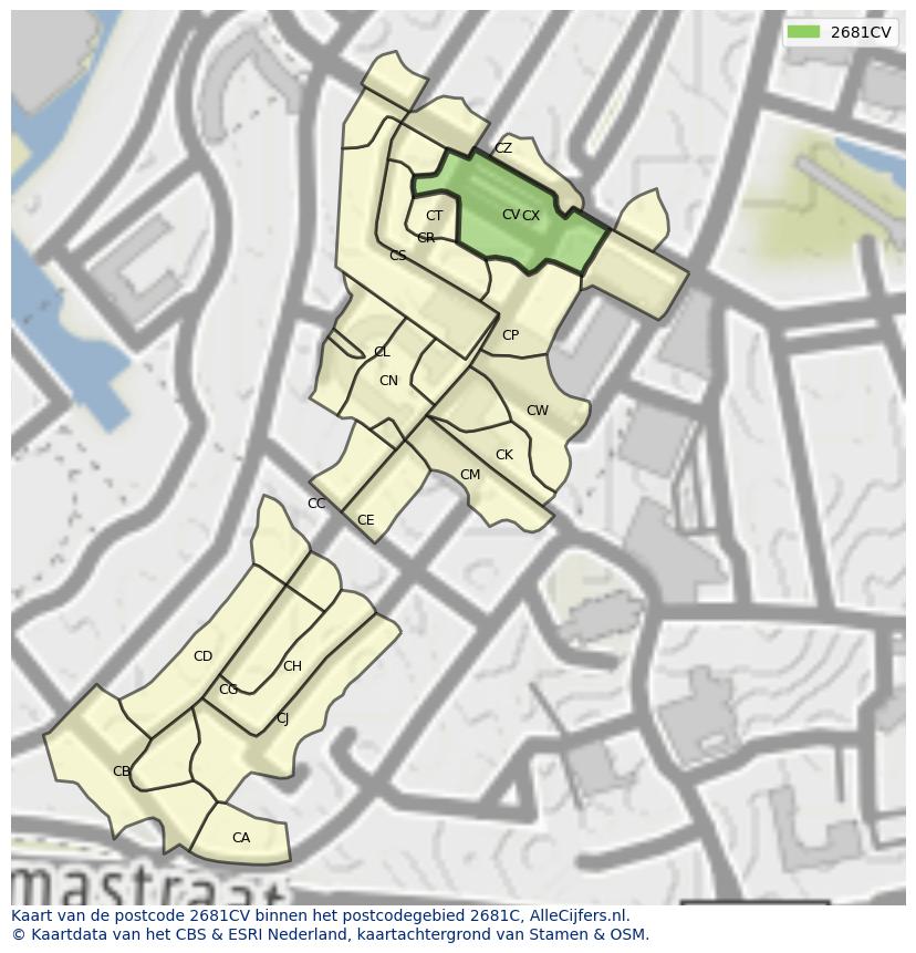 Afbeelding van het postcodegebied 2681 CV op de kaart.