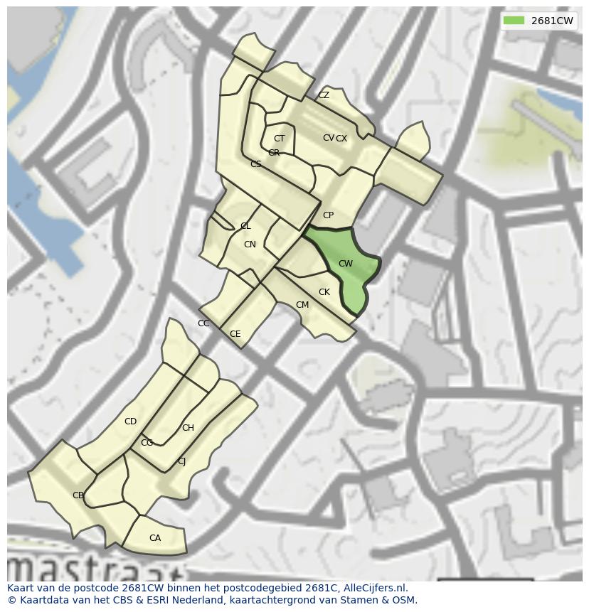 Afbeelding van het postcodegebied 2681 CW op de kaart.