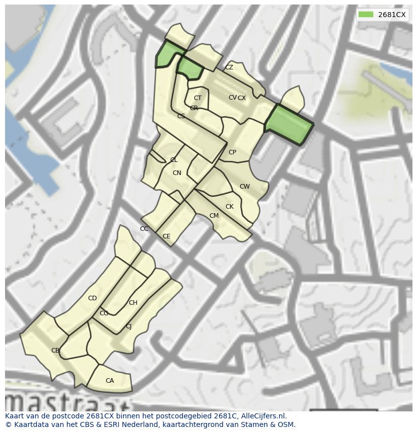 Afbeelding van het postcodegebied 2681 CX op de kaart.