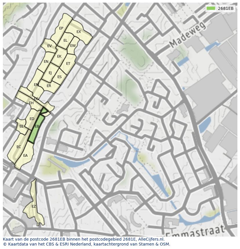 Afbeelding van het postcodegebied 2681 EB op de kaart.