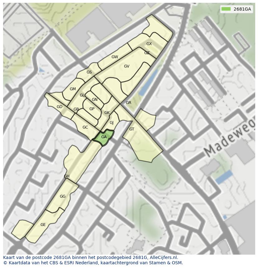 Afbeelding van het postcodegebied 2681 GA op de kaart.