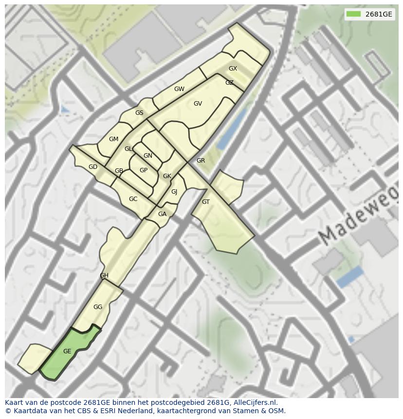 Afbeelding van het postcodegebied 2681 GE op de kaart.