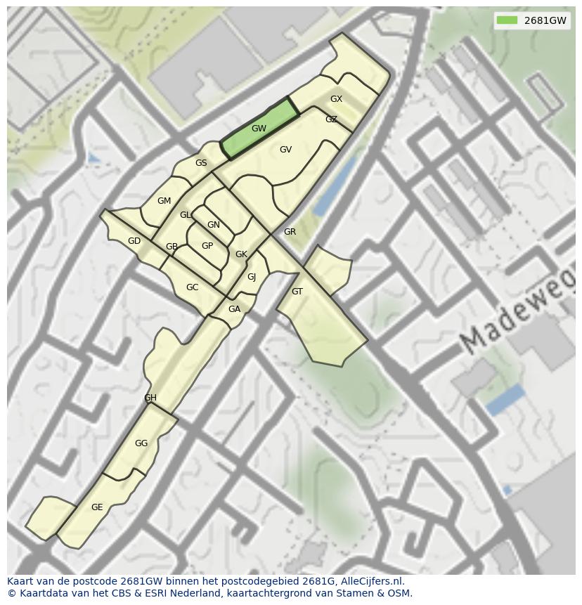 Afbeelding van het postcodegebied 2681 GW op de kaart.