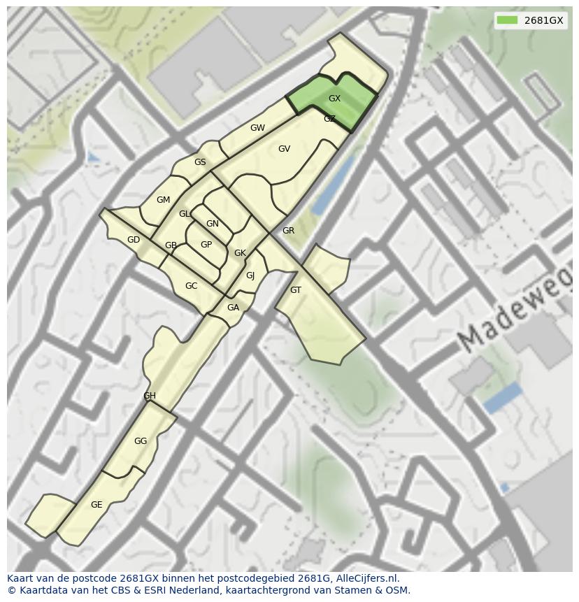 Afbeelding van het postcodegebied 2681 GX op de kaart.