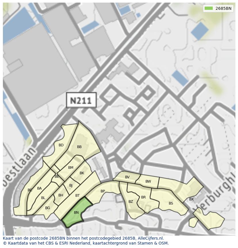 Afbeelding van het postcodegebied 2685 BN op de kaart.