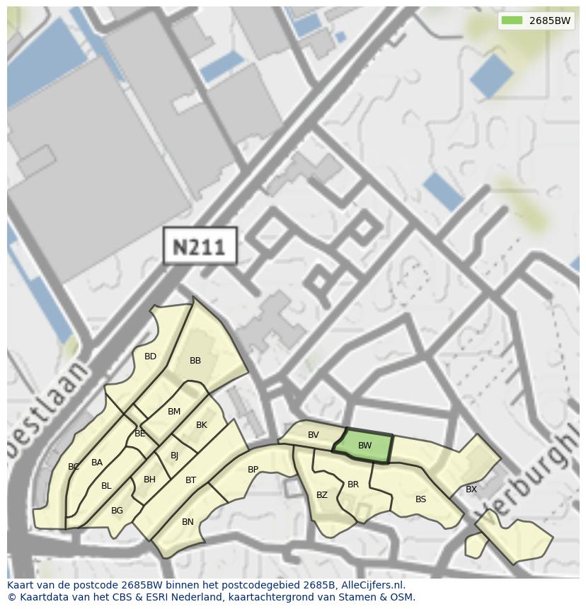 Afbeelding van het postcodegebied 2685 BW op de kaart.