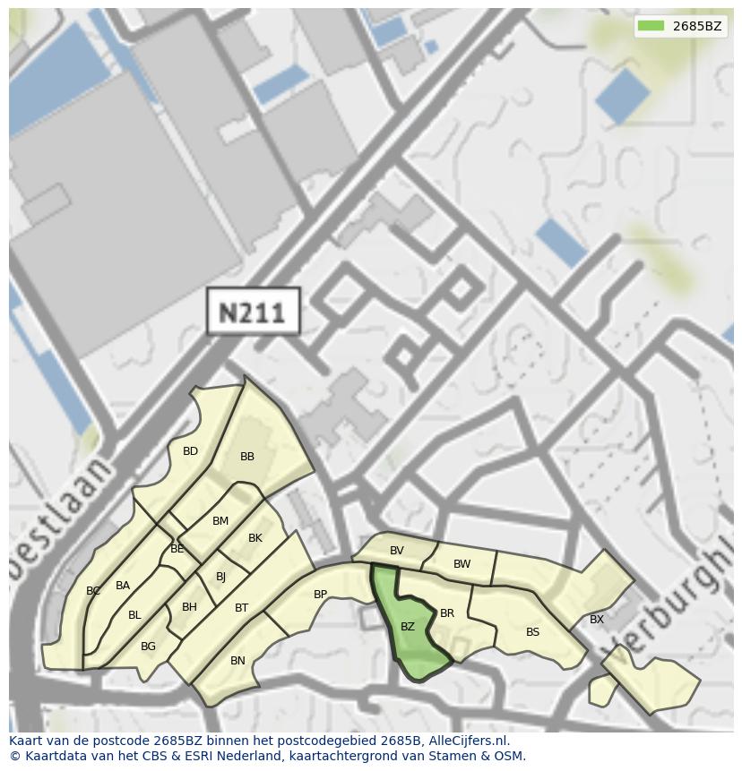 Afbeelding van het postcodegebied 2685 BZ op de kaart.