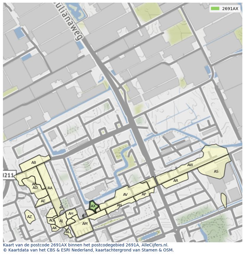Afbeelding van het postcodegebied 2691 AX op de kaart.