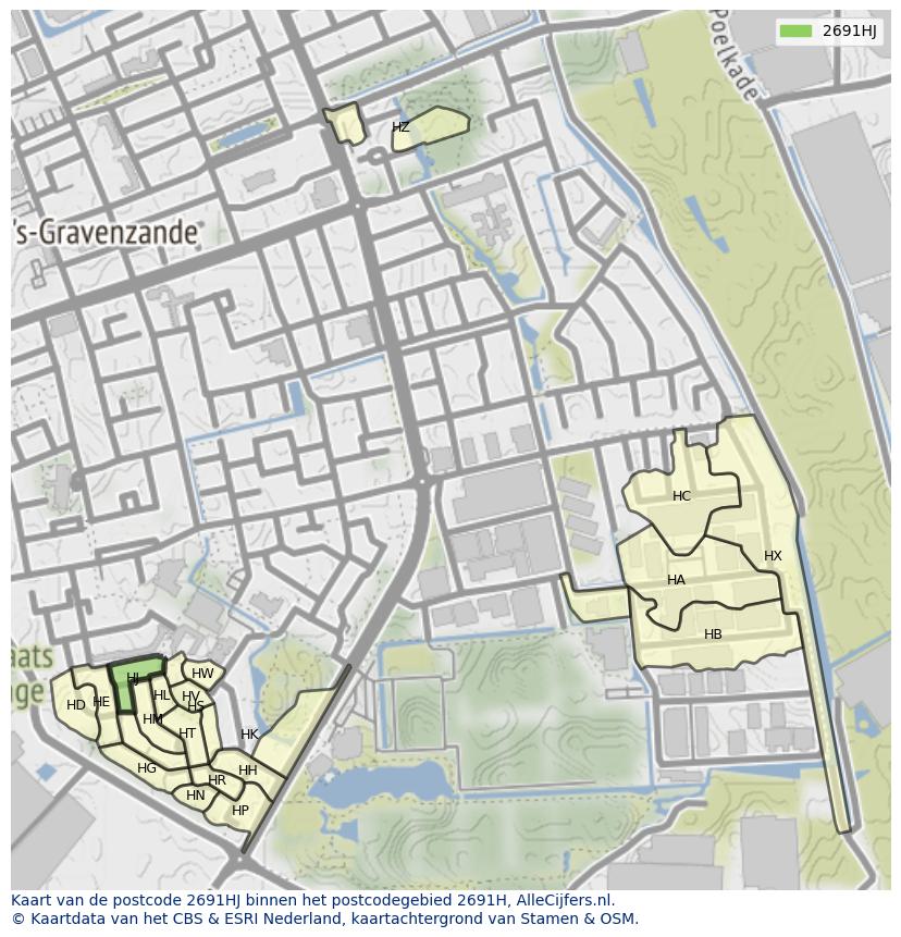 Afbeelding van het postcodegebied 2691 HJ op de kaart.