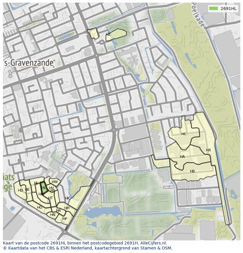Afbeelding van het postcodegebied 2691 HL op de kaart.