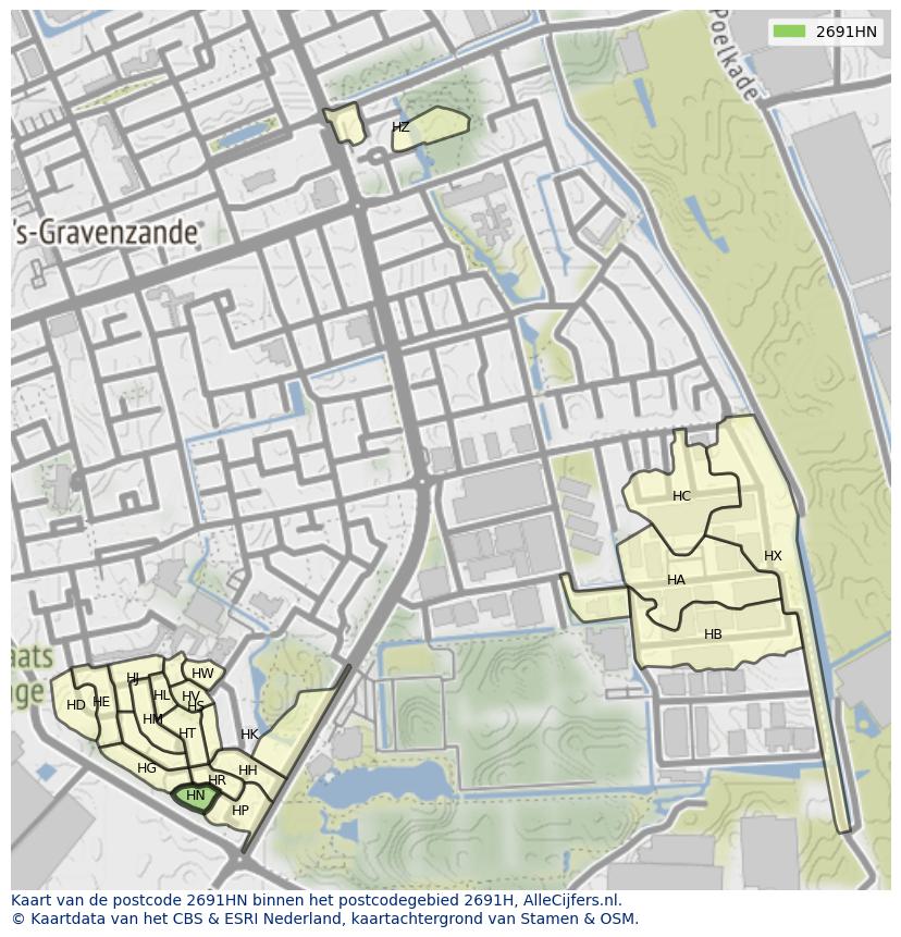 Afbeelding van het postcodegebied 2691 HN op de kaart.