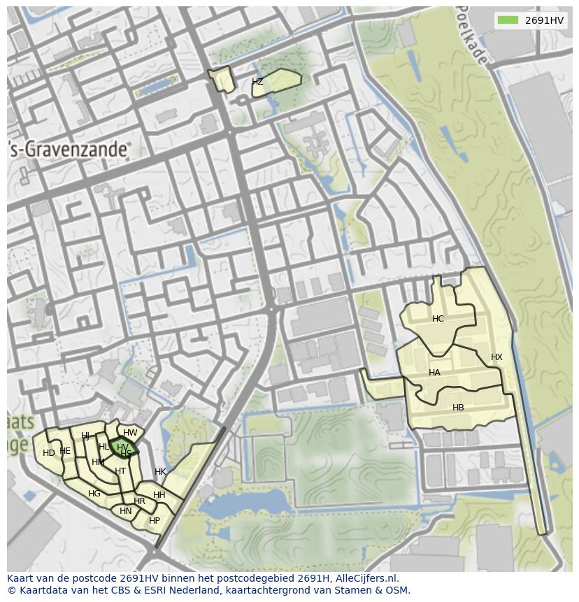 Afbeelding van het postcodegebied 2691 HV op de kaart.