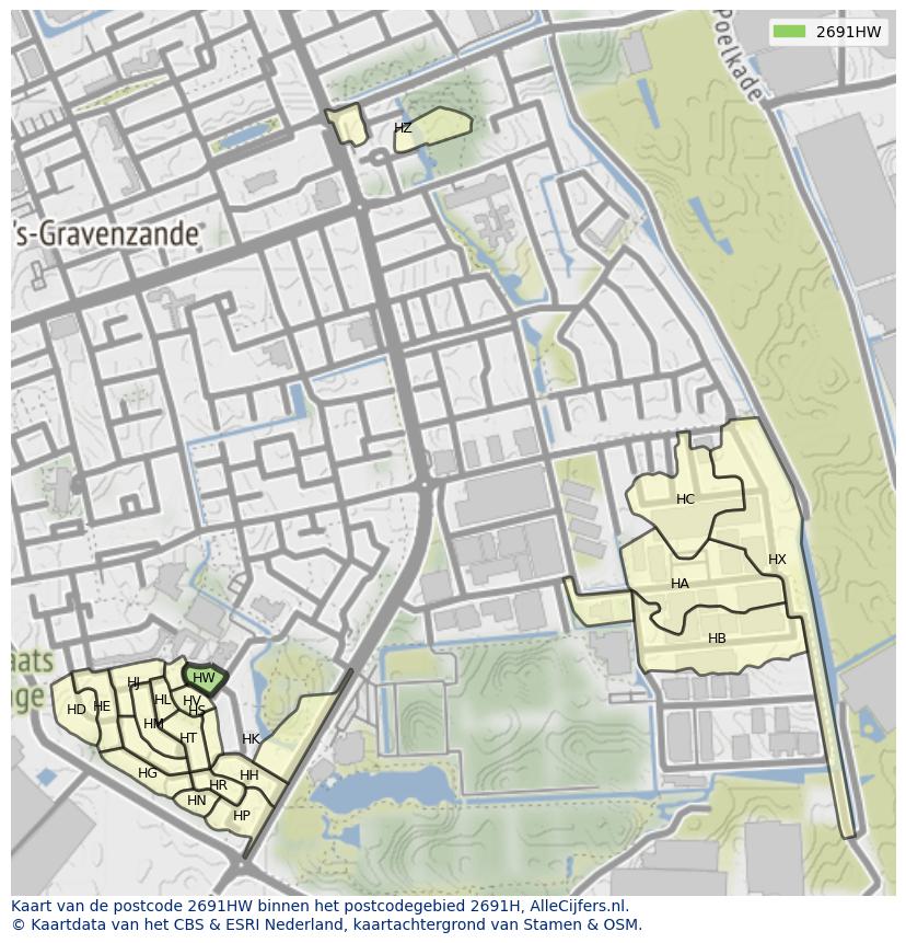 Afbeelding van het postcodegebied 2691 HW op de kaart.