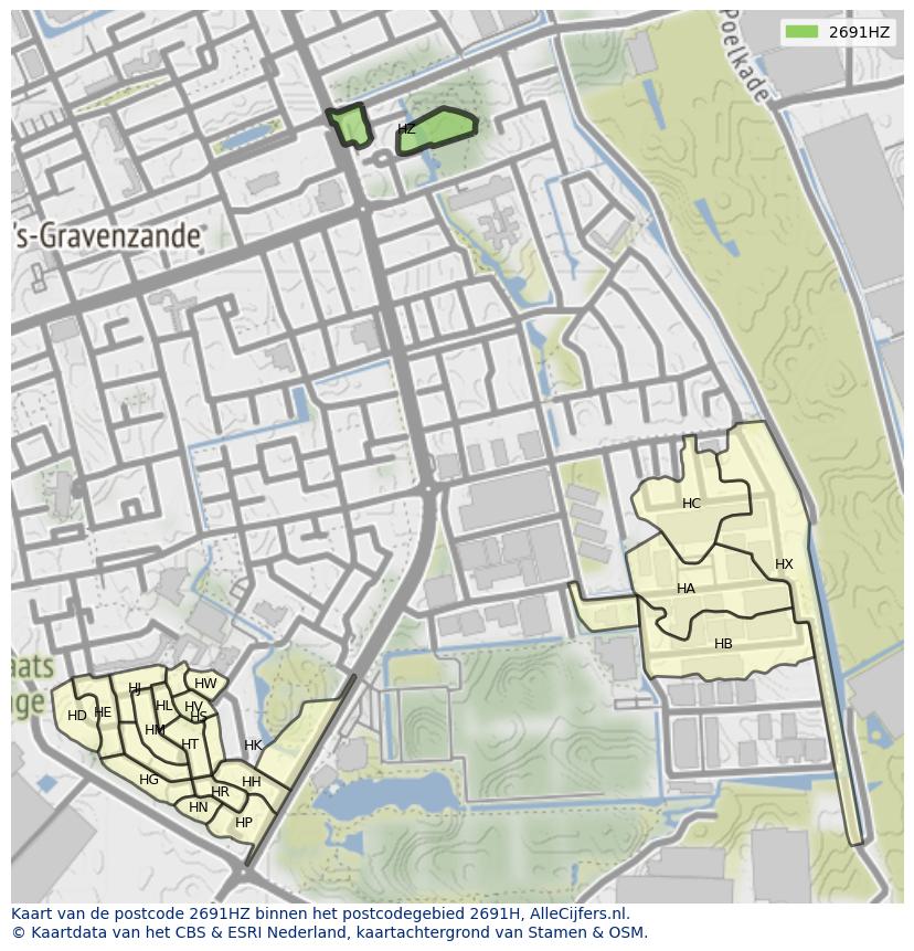Afbeelding van het postcodegebied 2691 HZ op de kaart.