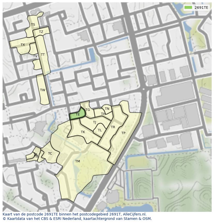 Afbeelding van het postcodegebied 2691 TE op de kaart.