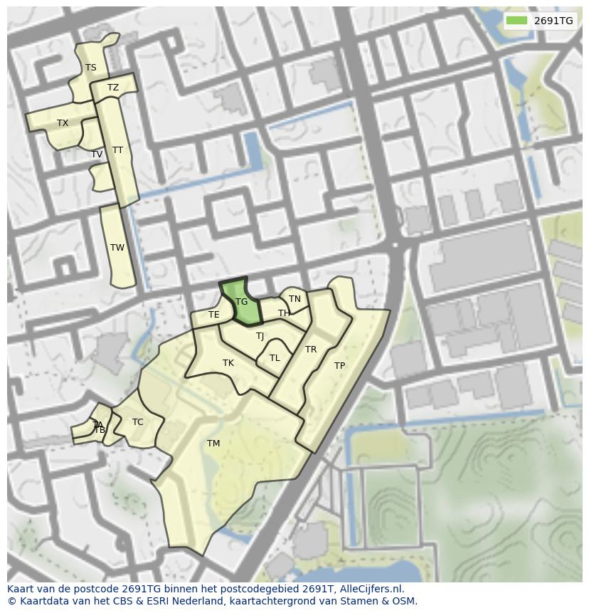 Afbeelding van het postcodegebied 2691 TG op de kaart.
