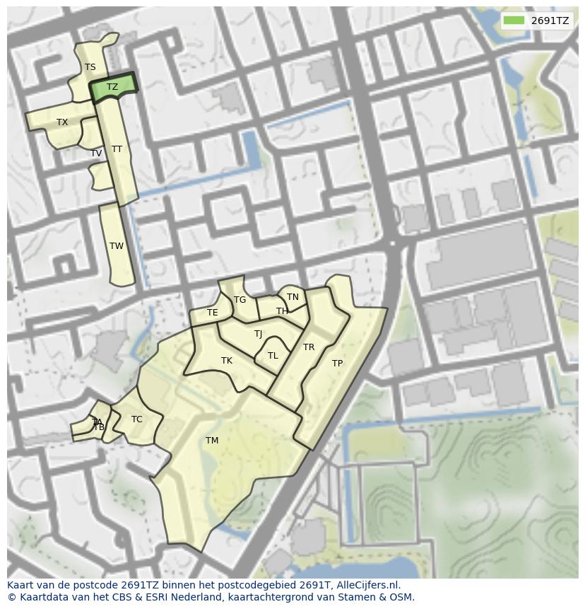 Afbeelding van het postcodegebied 2691 TZ op de kaart.